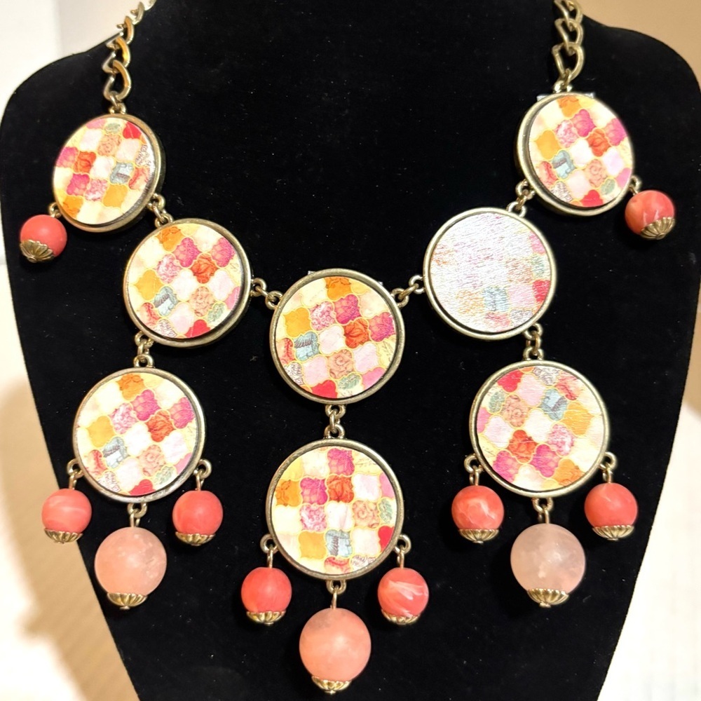 Statement Pink & Multicolor printed wood and plastic Disc Drop Necklace
